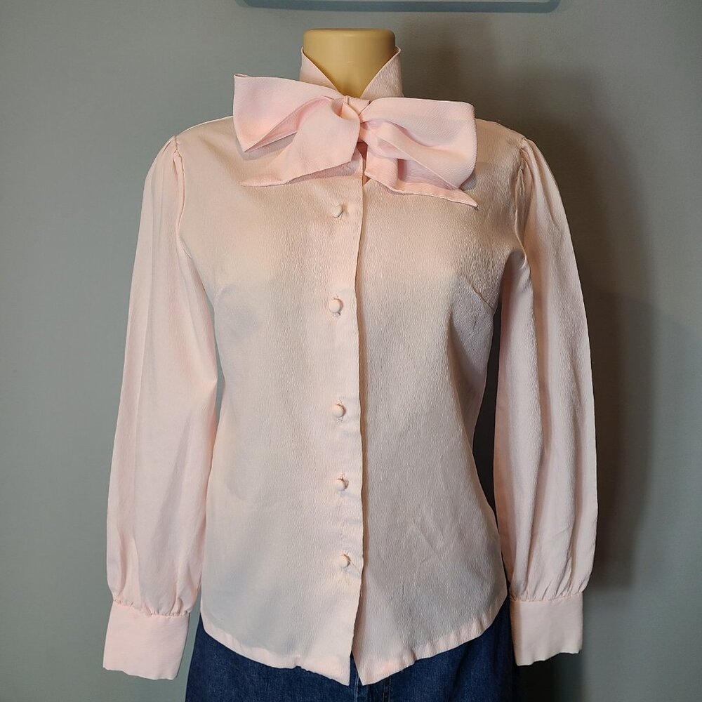 Vintage‎ 70s Pink Bow-Tie Career Blouse Top Sz Small Valentine Coquette Retro